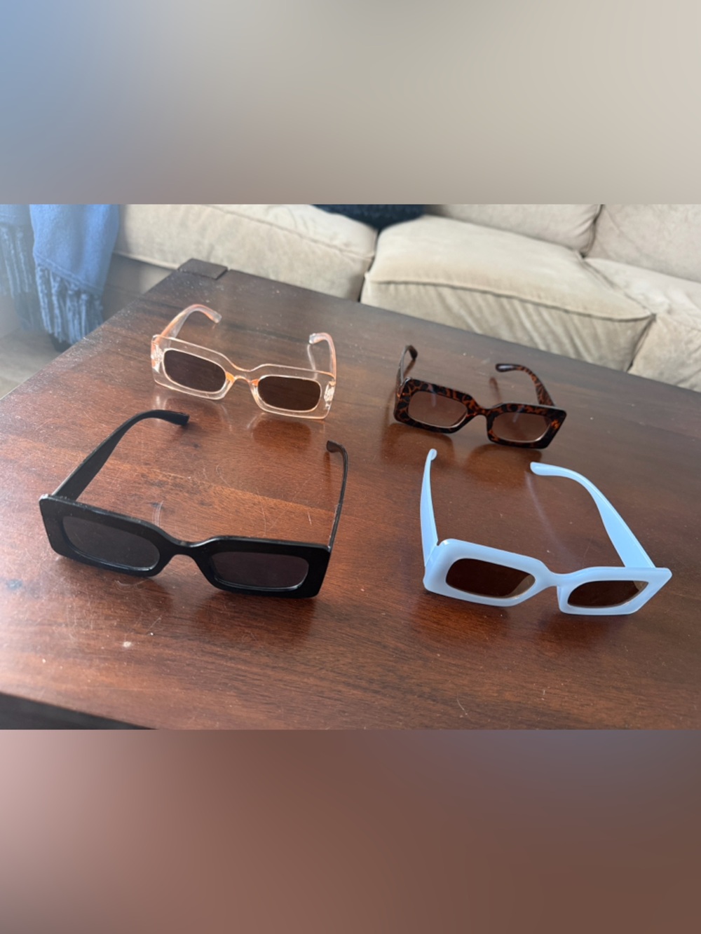 Set of 4 Rectangular Sunglasses - Blue, Black, Tortoiseshell, Peach/Clear